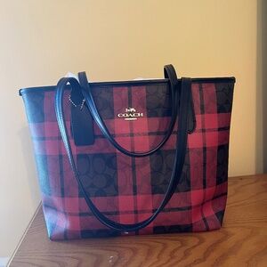 Coach Signature Canvas Zip Top Tote Field Plaid Brown True Red